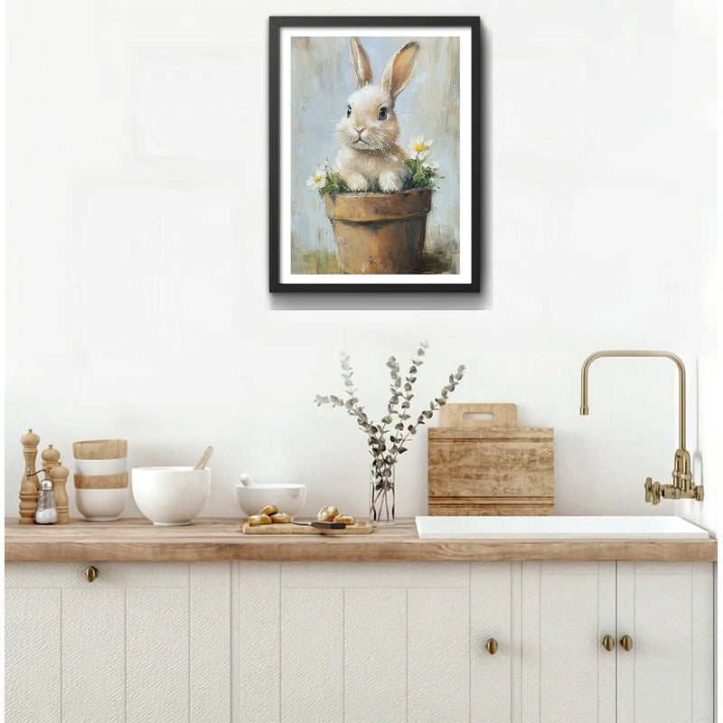 Cuadro Living Dormitorio Conejo Arte Maceta Flores Conejito Marco Negro