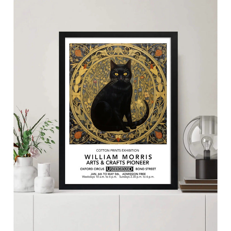 Cuadro Gato Negro Hojas William Morris Arte Decoracion Marco Negro