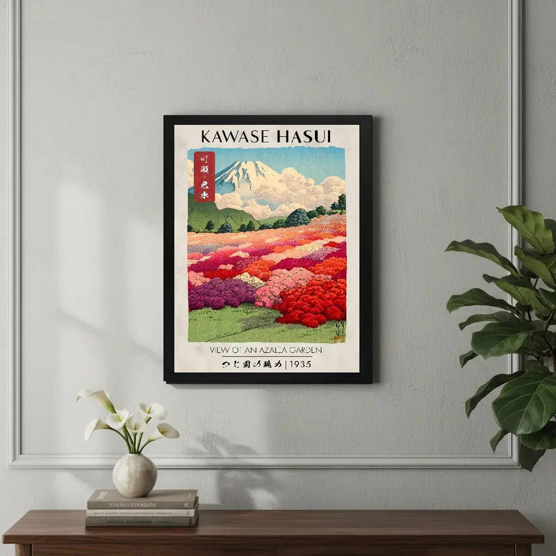 Cuadro Kawase Hasui Arte Japónes Vista De Jardín De Azaleas Marco Negro