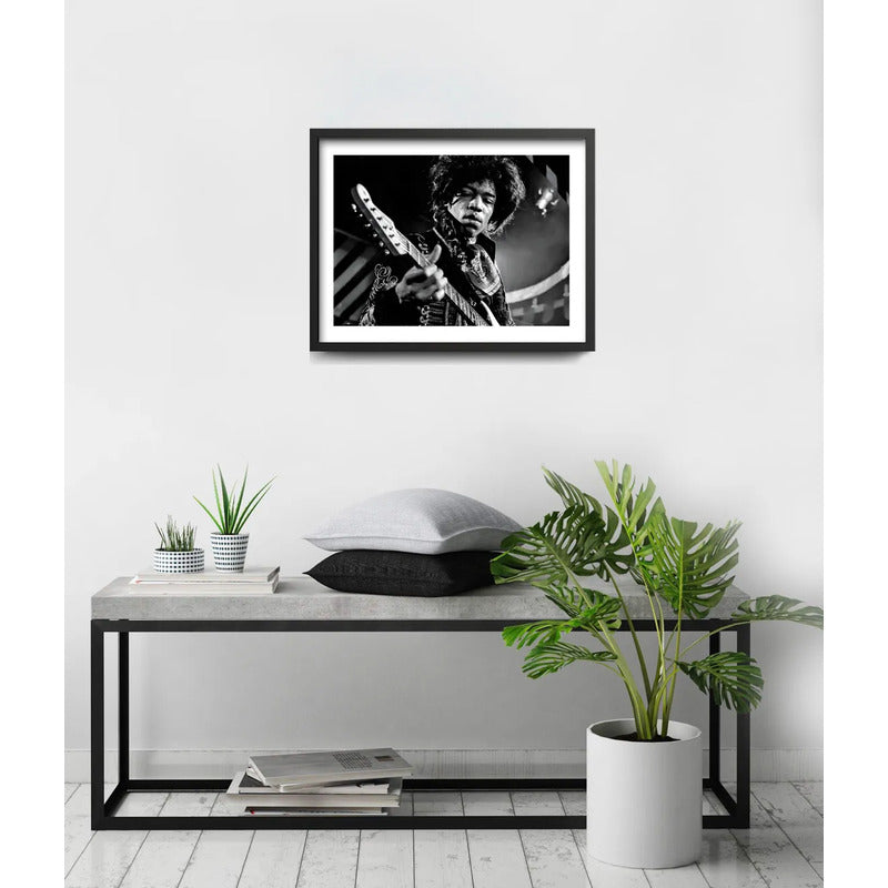 Cuadro Jimi Hendrix Blanco Y Negro Psicodélico Rock Guitarra Marco Negro