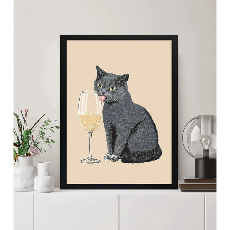 Cuadro Gato Sofisticado Vino Blanco Chef Cocina Decoracion Marco Negro