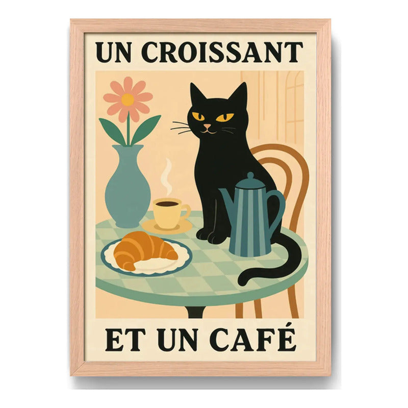 Cuadro Gato Negro Café Croissant Medialuna Gatito Marco Oak Marco Marrón Claro
