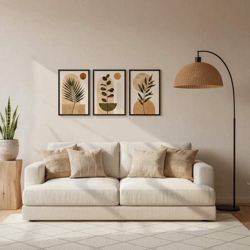 Set 3 Cuadros Dormitorio Living Boho Minimalista Tonos Beige Marco Negro