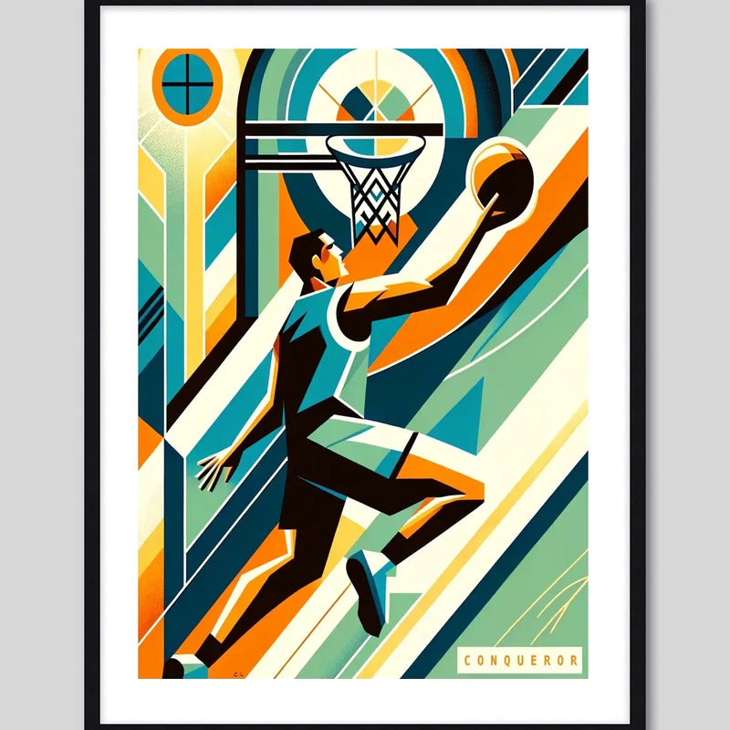 Cuadro Basket Baloncesto Jugador Pelota Club Gym Decoracion Pop Art Conqueror Con Marco Negro