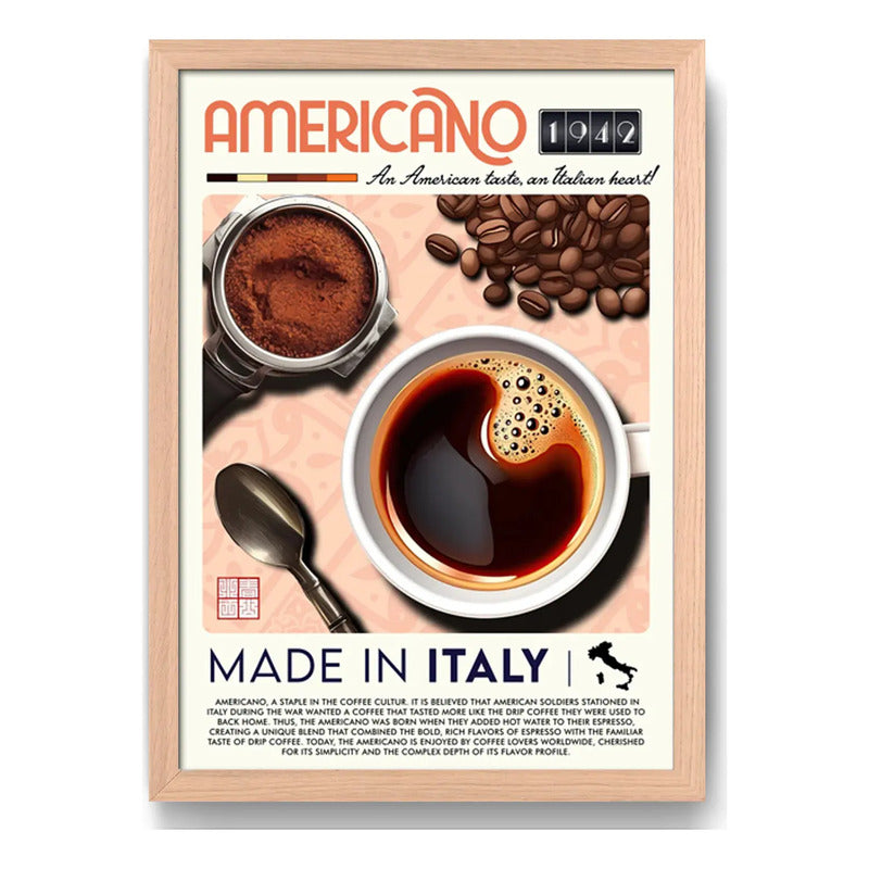 Cuadro Cafe Americano 1942 Italia Cocina Vintage Marco Oak Marco Marrón Claro