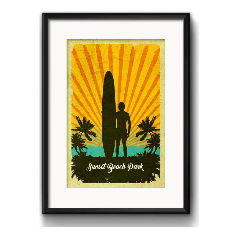 Cuadro Surf Tabla Playa Tablista Sunset Beach Con Paspartu Marco Negro