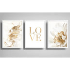 Set 3 Cuadros Hojas Doradas Love Botanica Tonos Suaves Marco Blanco