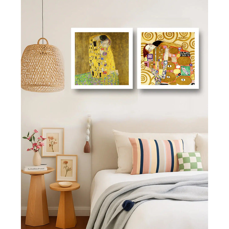 Set 2 Cuadros Gustav Klimt El Beso El Abrazo Museo 33x33cm Marco Blanco