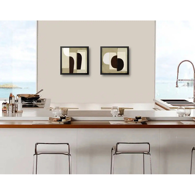 Set 2 Cuadros Dormitorio Living Boho Abstracto Tonos Beige Marco Negro