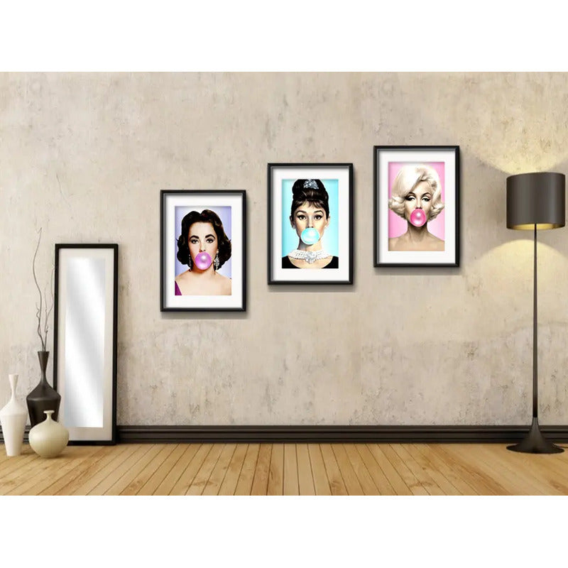 Set 3 Cuadros Marilyn Audrey Elizabeth Chicle Con Paspartú