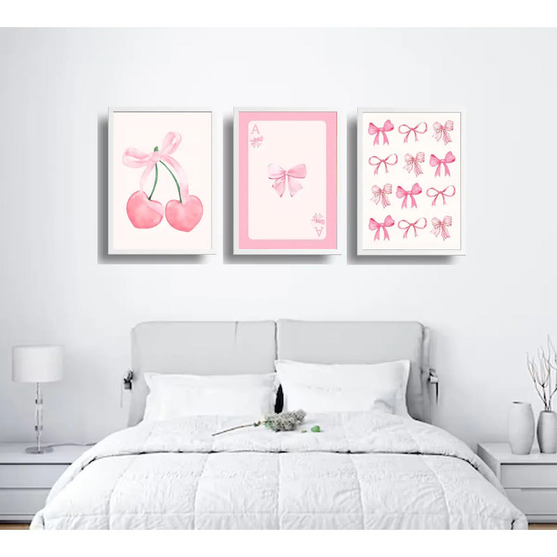 Set 3 Cuadros Rosa Pink Tendencia Lazos Fashion Coquette Marco Blanco