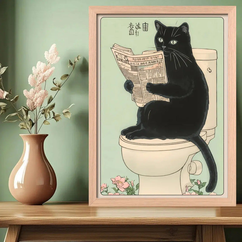 Cuadro Gato Negro Bano Arte Japonés Anime Flores Marco Oak Marco Marrón Claro
