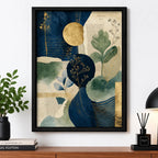 Cuadro Living Dormitorio Hojas Abstracto Verde Beige Brs3 Marco Negro