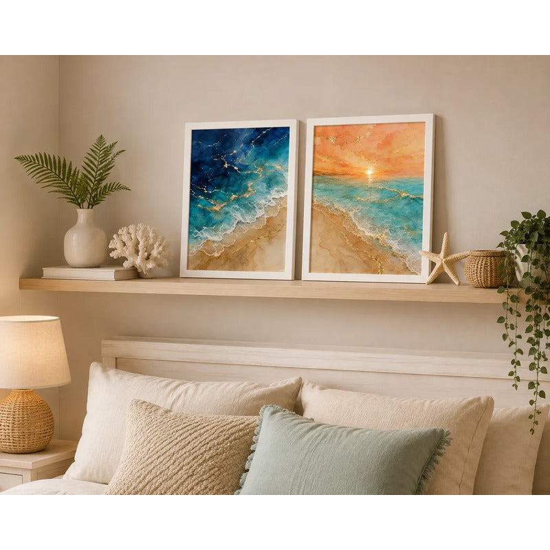 Set 2 Cuadros Living Dormitorio Paisajes De Playa Surf Brs1 Marco Blanco