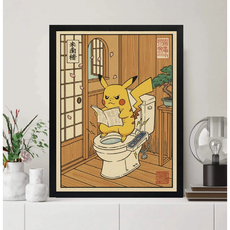 Cuadro Pikachu Bano Bonsai Arbol Japonés Pokemon Arte Anime Marco Negro