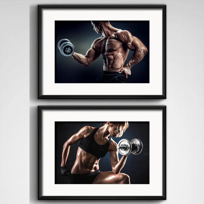 Set 2 Cuadros Fitness Gym Musculacion Gimnasio Con Paspartu