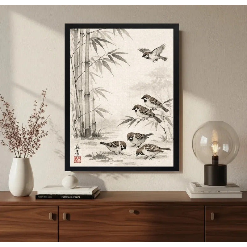 Cuadro Living Gorriónes Bambus Pajaros Japón Arte Vintage Marco Negro