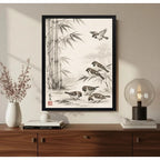 Cuadro Living Gorriónes Bambus Pajaros Japón Arte Vintage Marco Negro