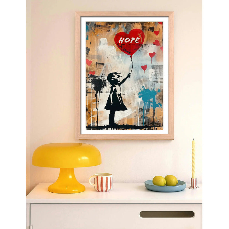 Cuadro Banksy Niña Con Globo Rojo Arte Urbano Callejera Oak Marco Marrón Claro