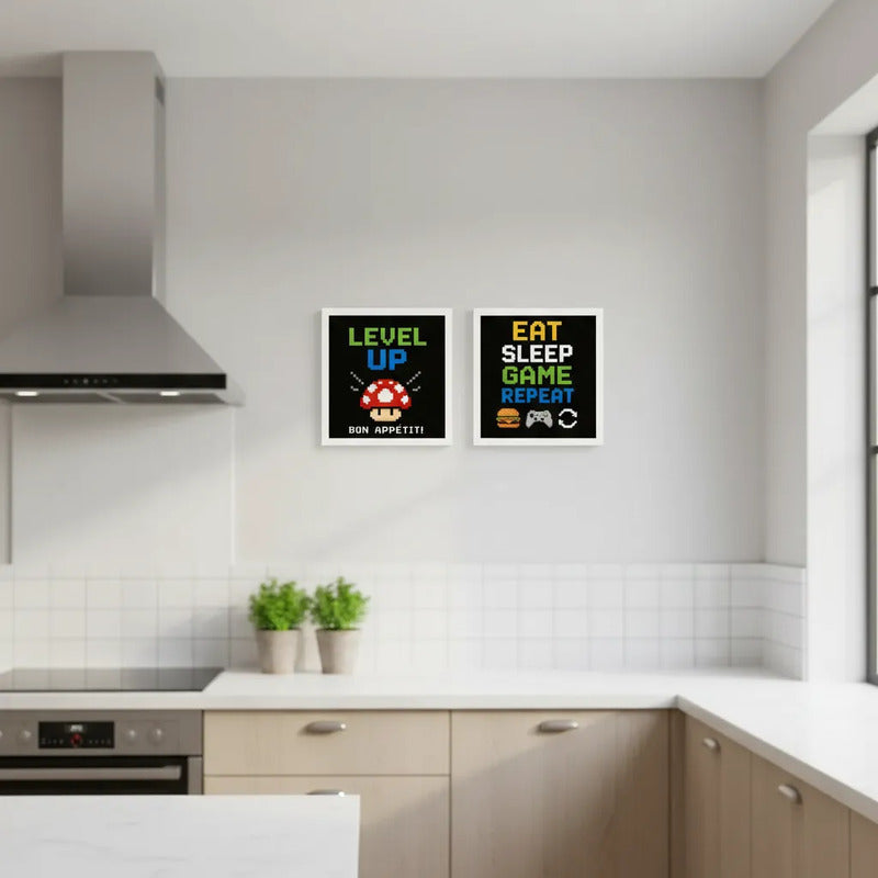Set 2 Cuadros Cocina Geek Game Bon Appetit Frase Videojuego Marco Blanco