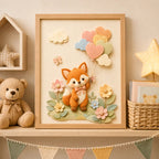 Cuadro Dormitorio Infantil Bebe Zorro Globos Flor Efecto 3d Marco Madera Oak Madera Clara
