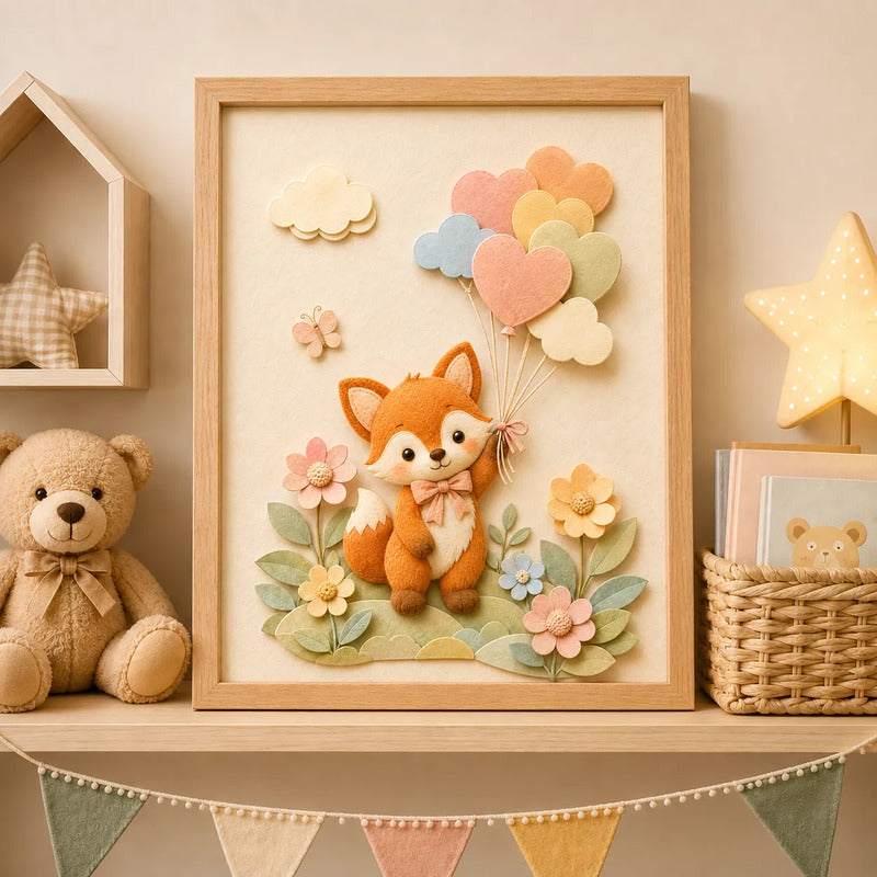 Cuadro Dormitorio Infantil Bebe Zorro Globos Flor Efecto 3d Marco Madera Oak Madera Clara