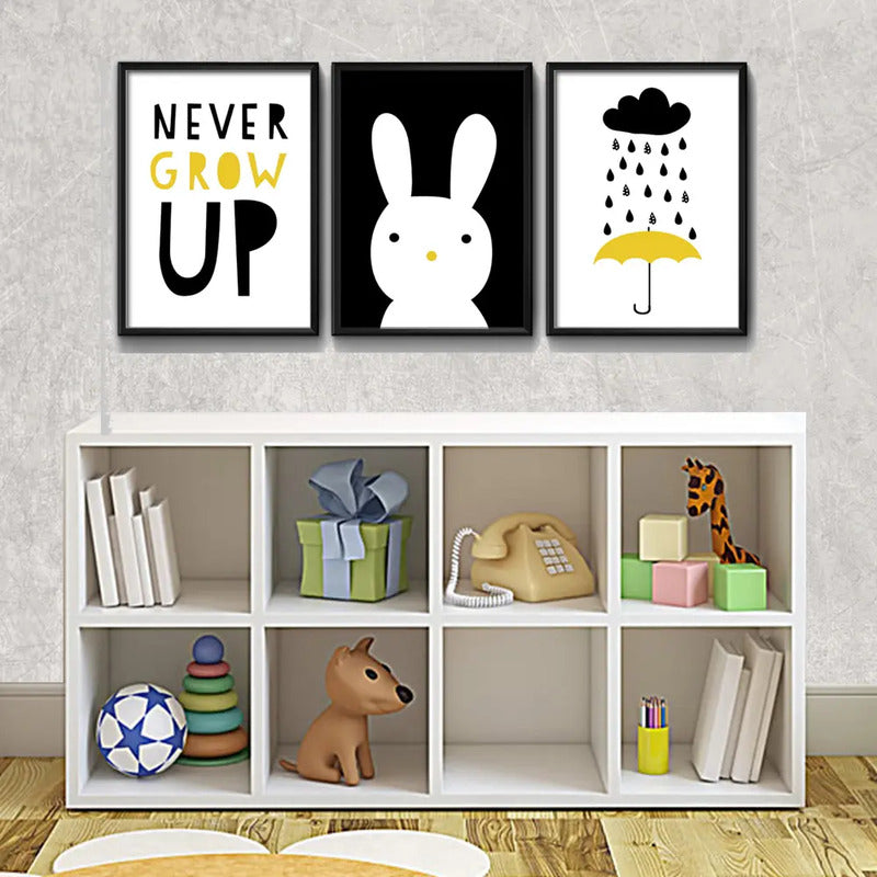 Set 3 Cuadros Conejo Frase Decoracion Dormitorio Infantil Marco Negro