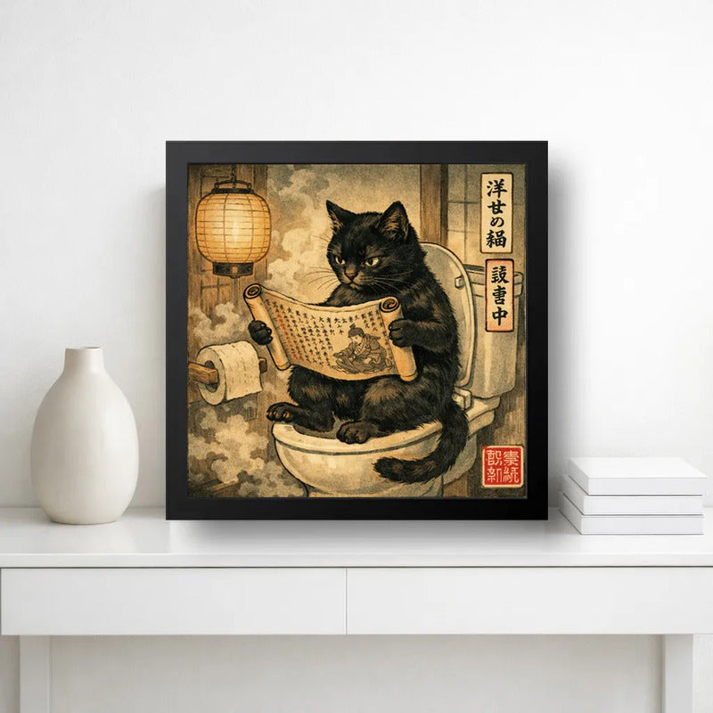 Cuadro Gato Negro Bano Leyendo Diario Arte Japones Coleccion Marco Negro