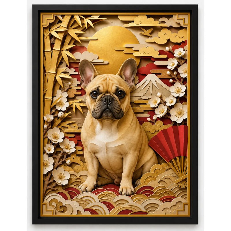 Cuadro Bulldog Frances Perro Arte Japones Bambu Efecto 3d Marco Negro