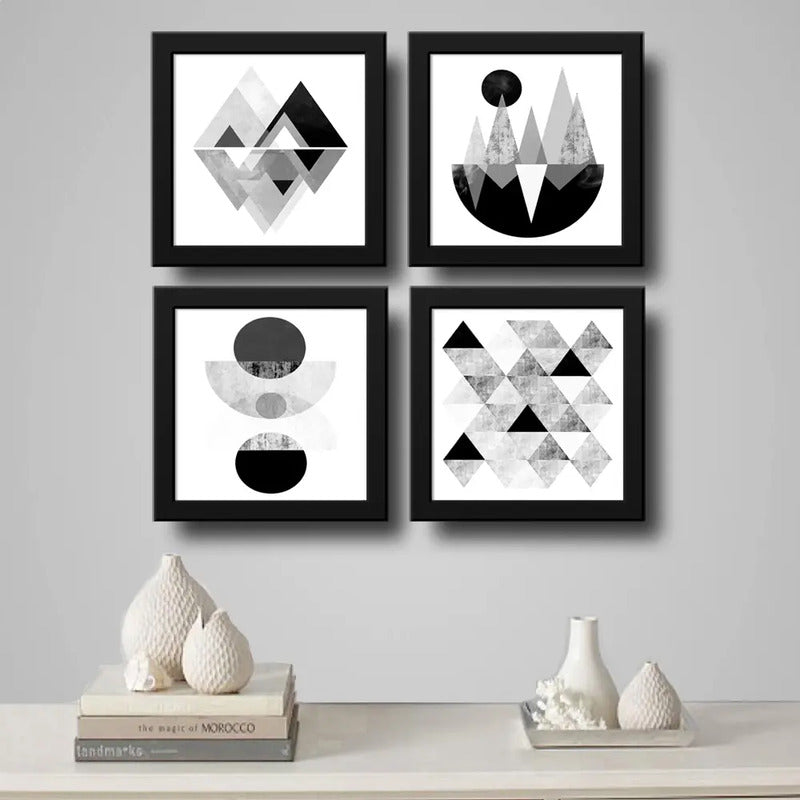 Set 4 Cuadros Geometrico Escandinavo Abstracto Blanco Negro