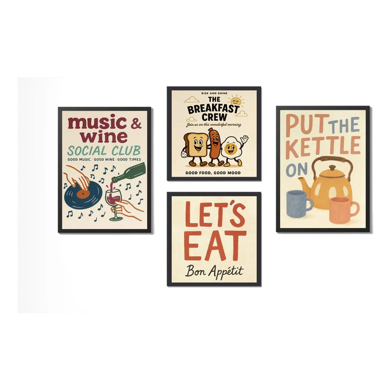 Wall 4 Cuadros Para Cocina Comedor Living Decoracion Moderna Frases Retro Vino Mate Te Desayuno Bon Appetit Con Marco Negro