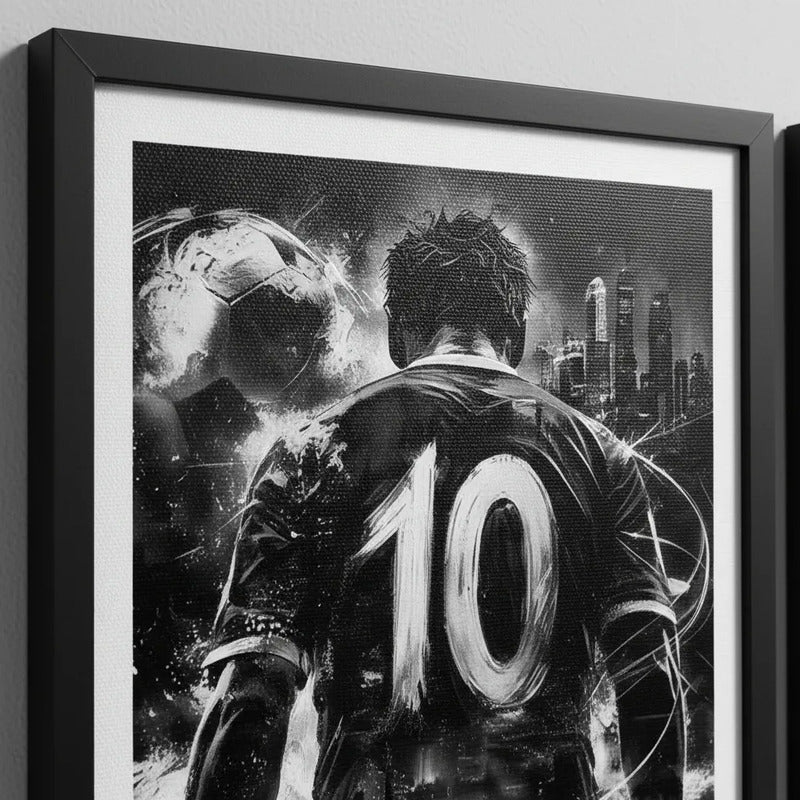 Set 3 Cuadros Fútbol En Blanco Y Negro Pelota Jugador El 10 Marco Negro