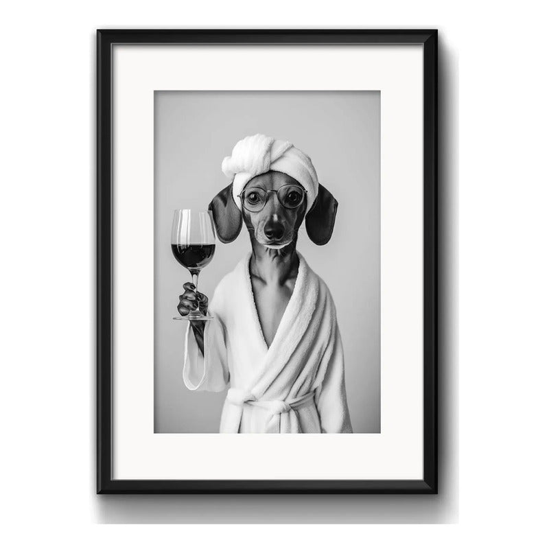 Cuadro Perro Con Bata De Bano Tomando Vino Arte Con Paspartú