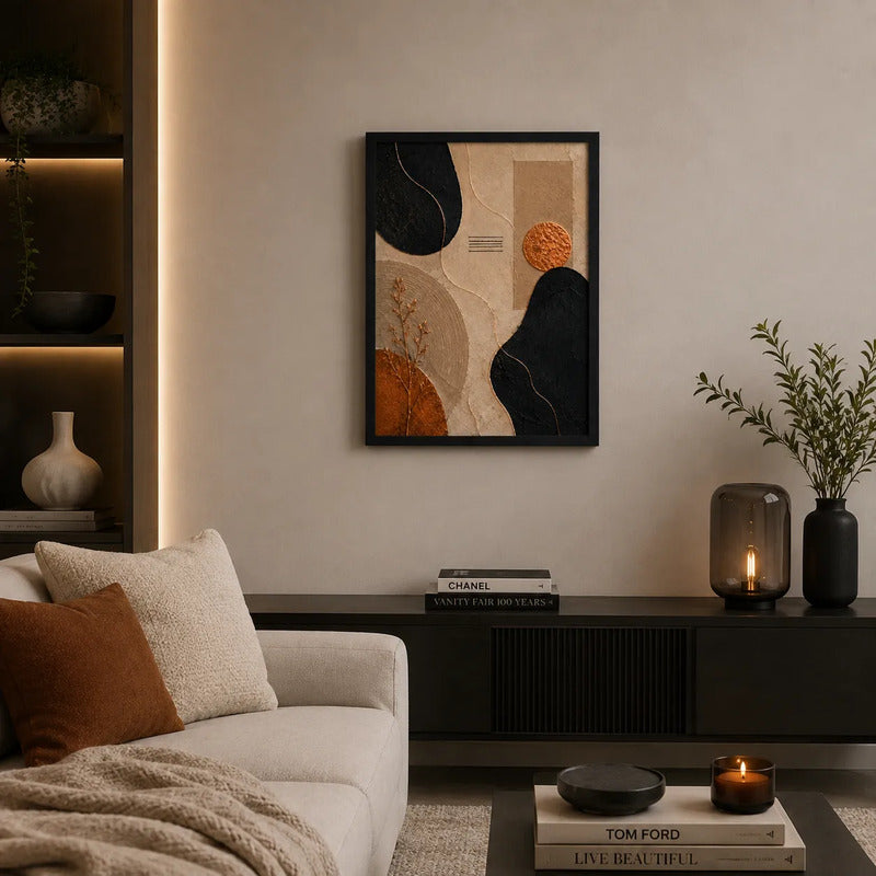 Cuadro Dormitorio Living Boho Abstracto Texturas Bronce Brs2 Marco Negro