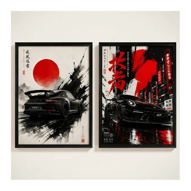 Set 2 Cuadros Porsche 911 Gt3 Auto Deportivo Arte Japones Marco Negro