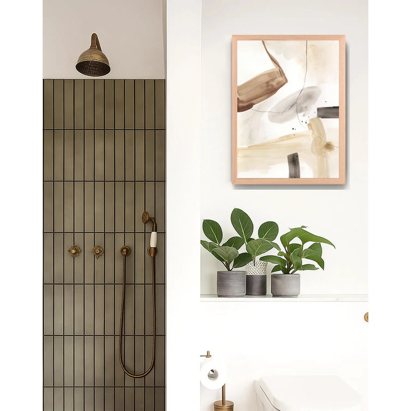 Cuadro Dormitorio Living Boho Abstracto Beige Acuarela Oak Marco Marrón Claro