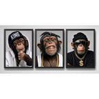 Set 3 Cuadros Los Tres Monos Rap Con Cadenas De Oro Chimps Marco Negro