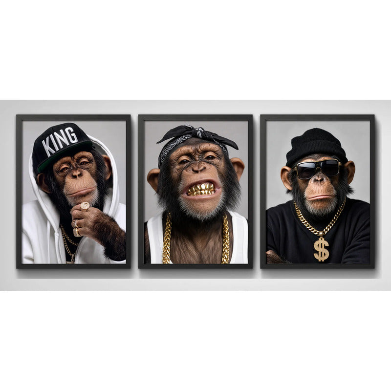 Set 3 Cuadros Los Tres Monos Rap Con Cadenas De Oro Chimps Marco Negro