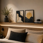 Set 2 Cuadros Living Dormitorio Abstracto 3d Sol Beige Oro Marco Negro