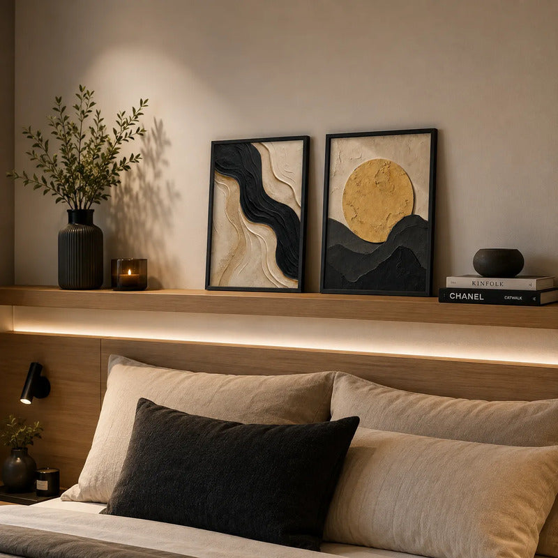 Set 2 Cuadros Living Dormitorio Abstracto 3d Sol Beige Oro Marco Negro