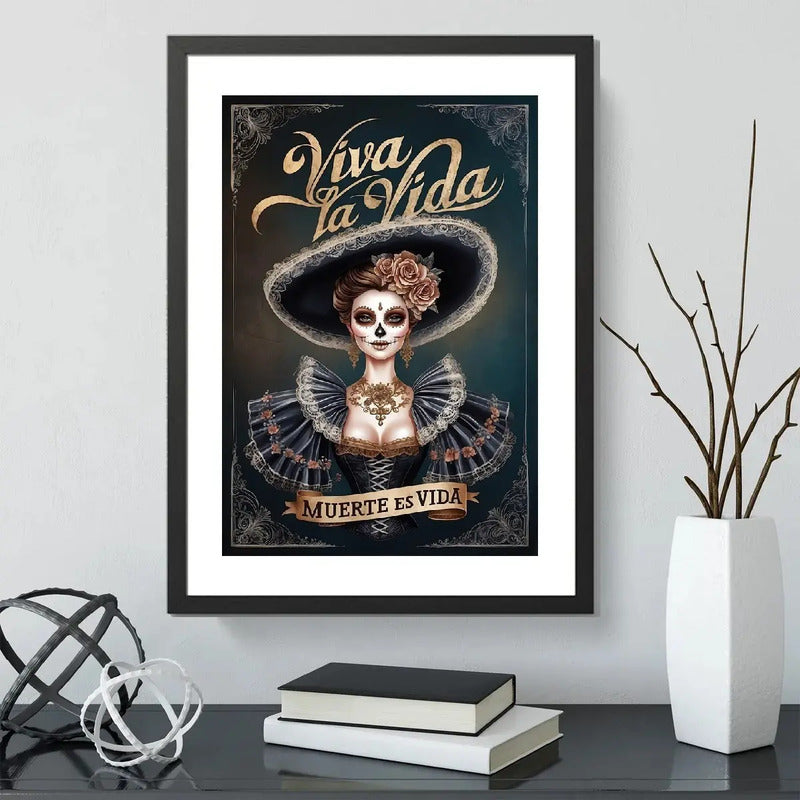Cuadro Calavera Mexicana Catrina Frase Muerte Es Vida Tattoo Marco Negro