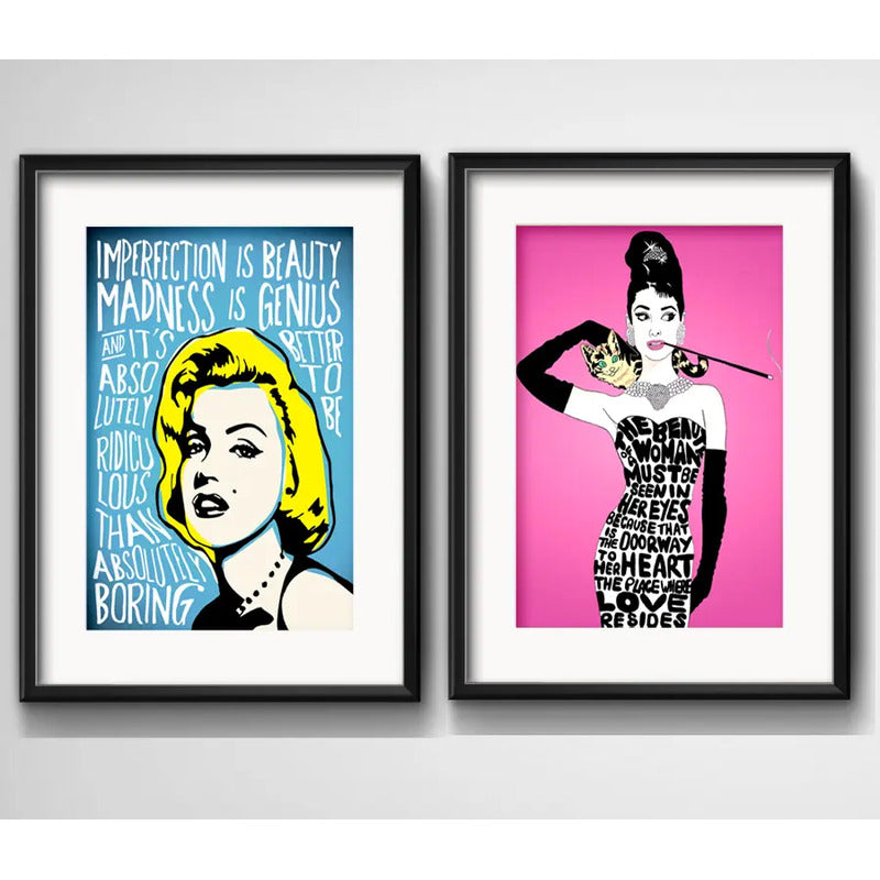 Set 2 Cuadros Marilyn Monroe Audrey Hepburn Pop Art Paspartú