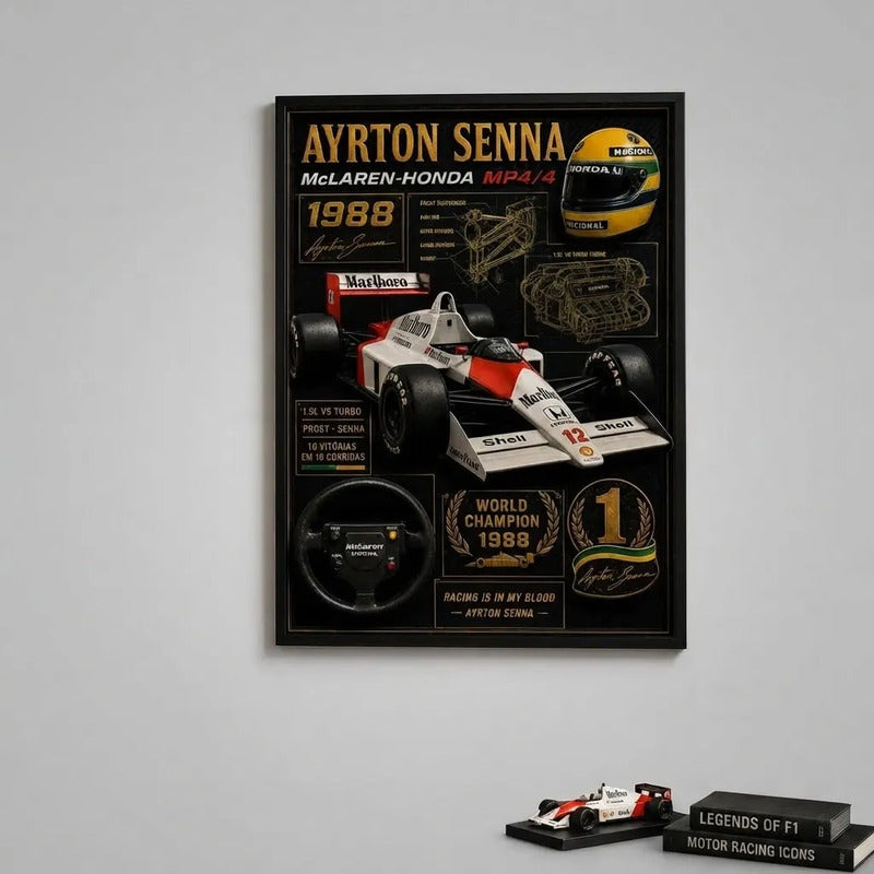 Cuadro Senna Formula 1 Mclaren Honda Mp4/4 Specs Efecto 3d Marco Negro