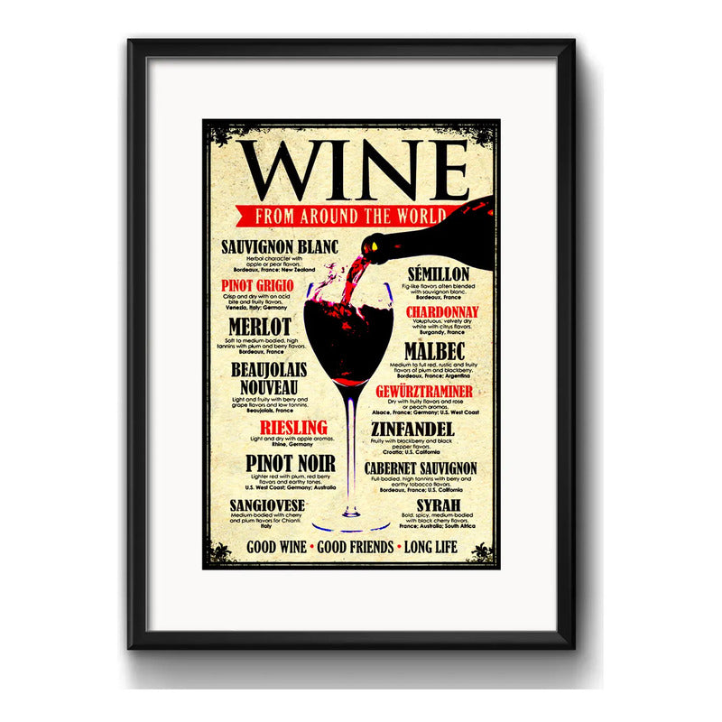 Cuadro Vinos Del Mundo Retro Arte Decoracion Con Paspartú Marco Negro