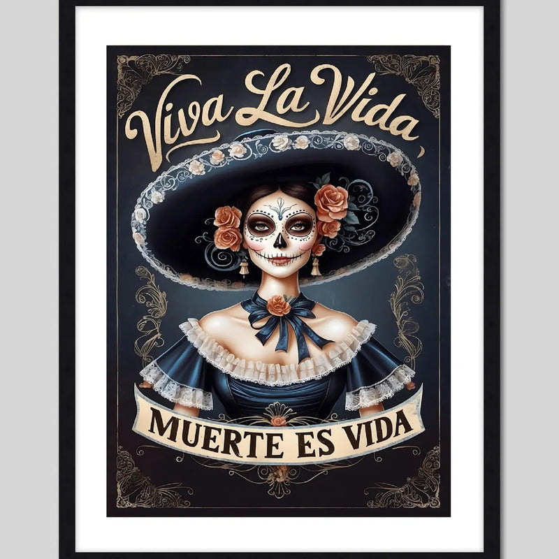 Cuadro Calavera Mexicana Catrina Frase Viva La Vida Tattoo Marco Negro