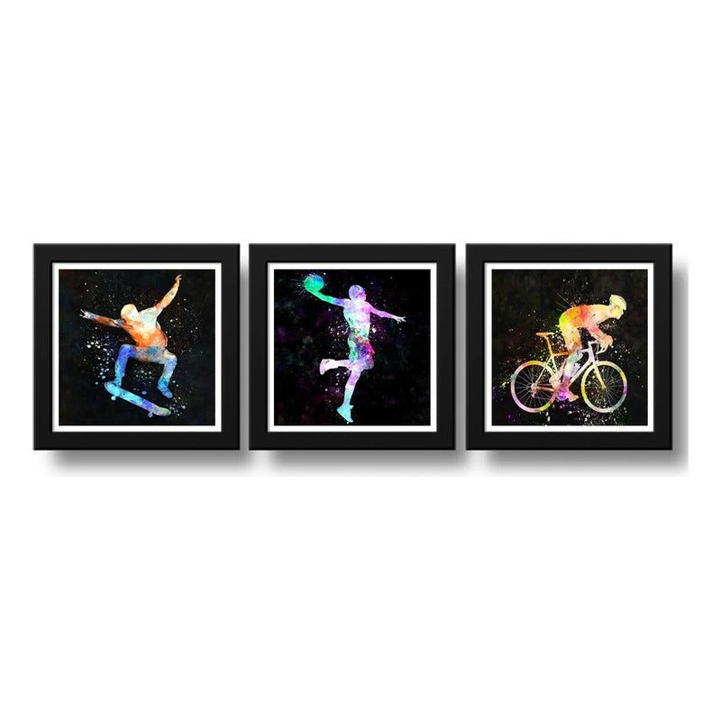 Set 3 Cuadros Basket Skate Bicicleta Pop Art Deportes Decora