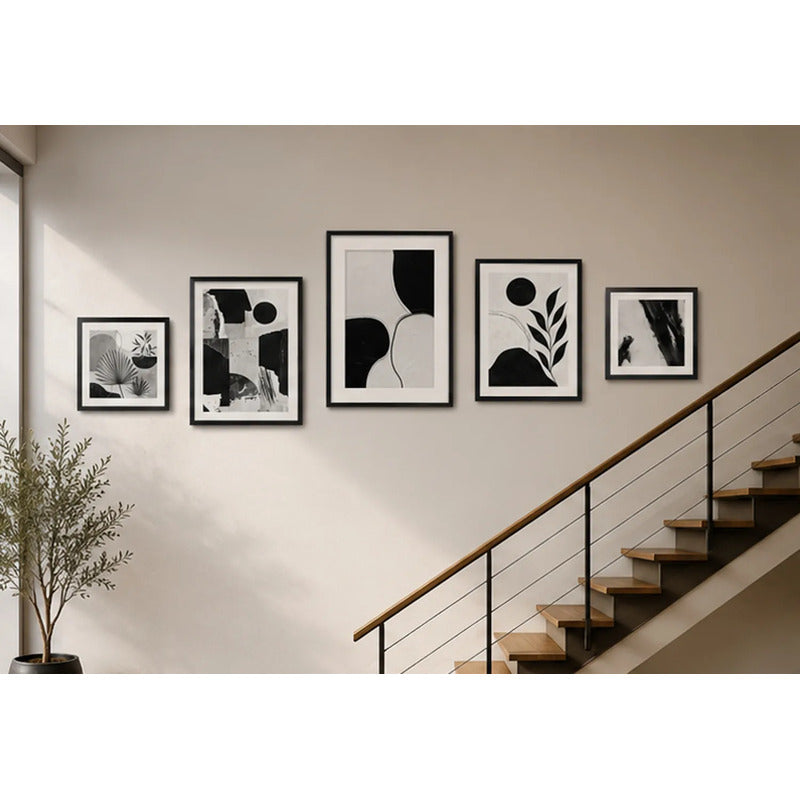 Set 5 Cuadros Living Escalera Pasillo Abstracto Blanco Negro Marco Negro