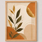 Cuadro Living Dormitorio Hojas Tierra Oro Arte Abstracto Marco Marrón Claro