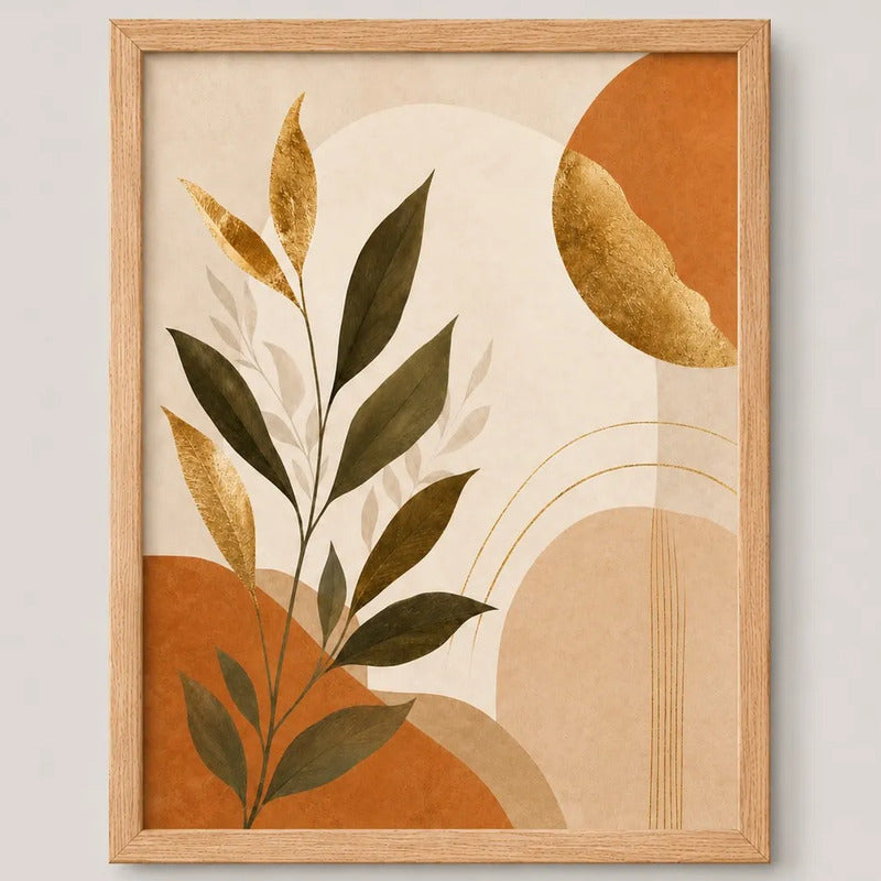 Cuadro Living Dormitorio Hojas Tierra Oro Arte Abstracto Marco Marrón Claro