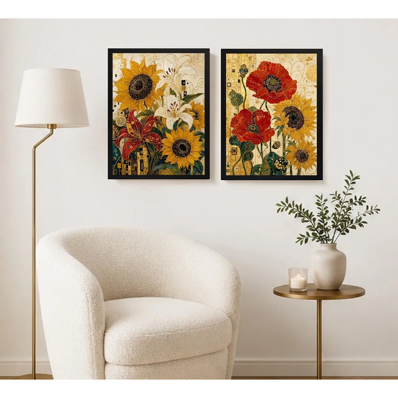 Set 2 Cuadros Gustav Klimt Girasoles Flores Decora Living Marco Negro